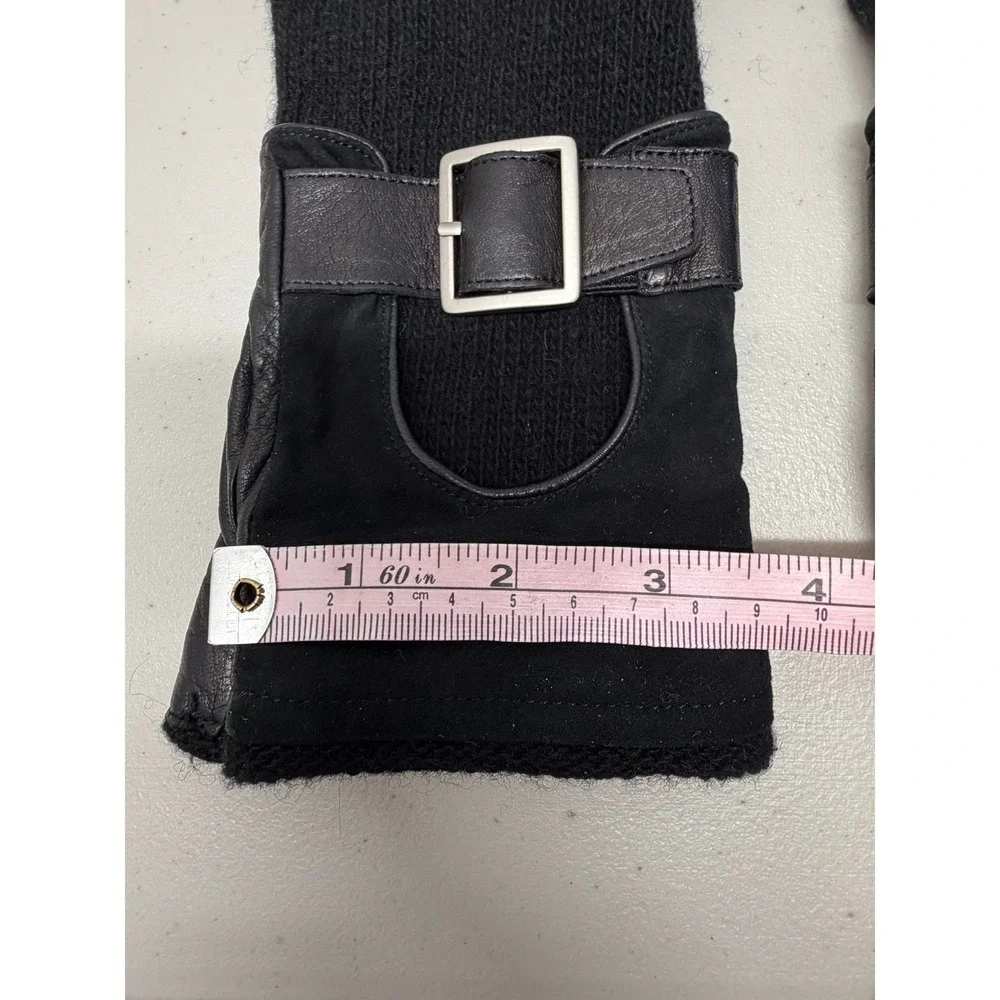 Carolina Amato Black Lambskin Leather Cashmere Wool Fingerless Buckle Gloves